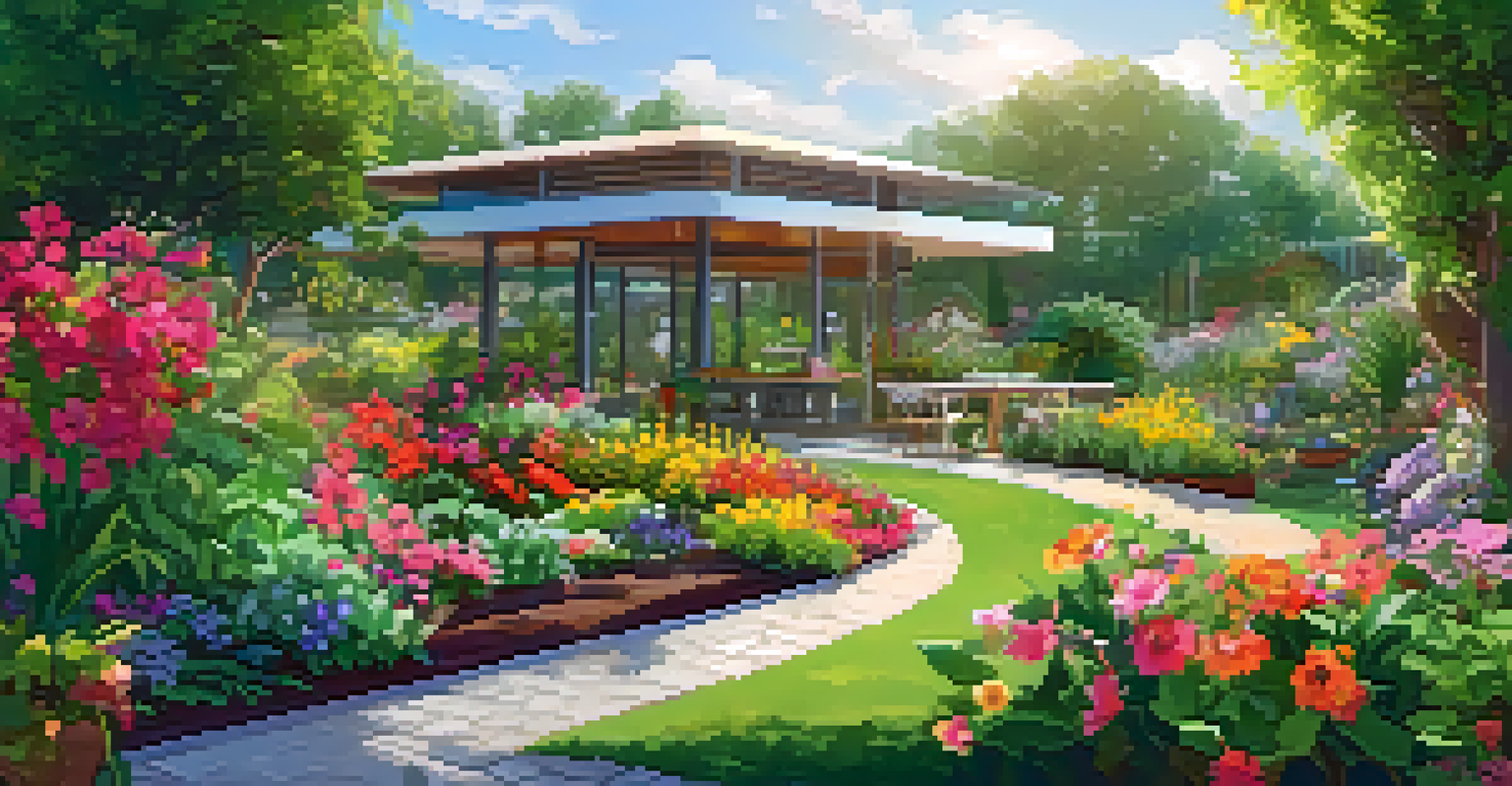 A vibrant garden with a smart irrigation system, featuring sensors and colorful flowers under sunlight.