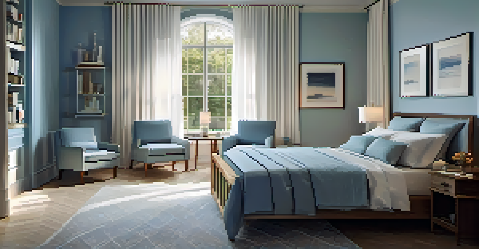 A peaceful bedroom with a neatly made bed, soft lighting, and a cozy reading nook by the window.