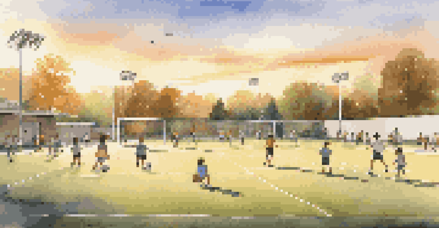 A community sports complex bustling with children playing sports, under a golden sunset.