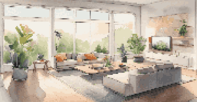 A contemporary living room showcasing smart home devices including a thermostat, automated lighting, and a smart speaker, with plants and natural light.