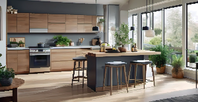 A modern kitchen with an open layout, featuring a central island, quartz countertops, and wooden cabinetry, illuminated by natural light.