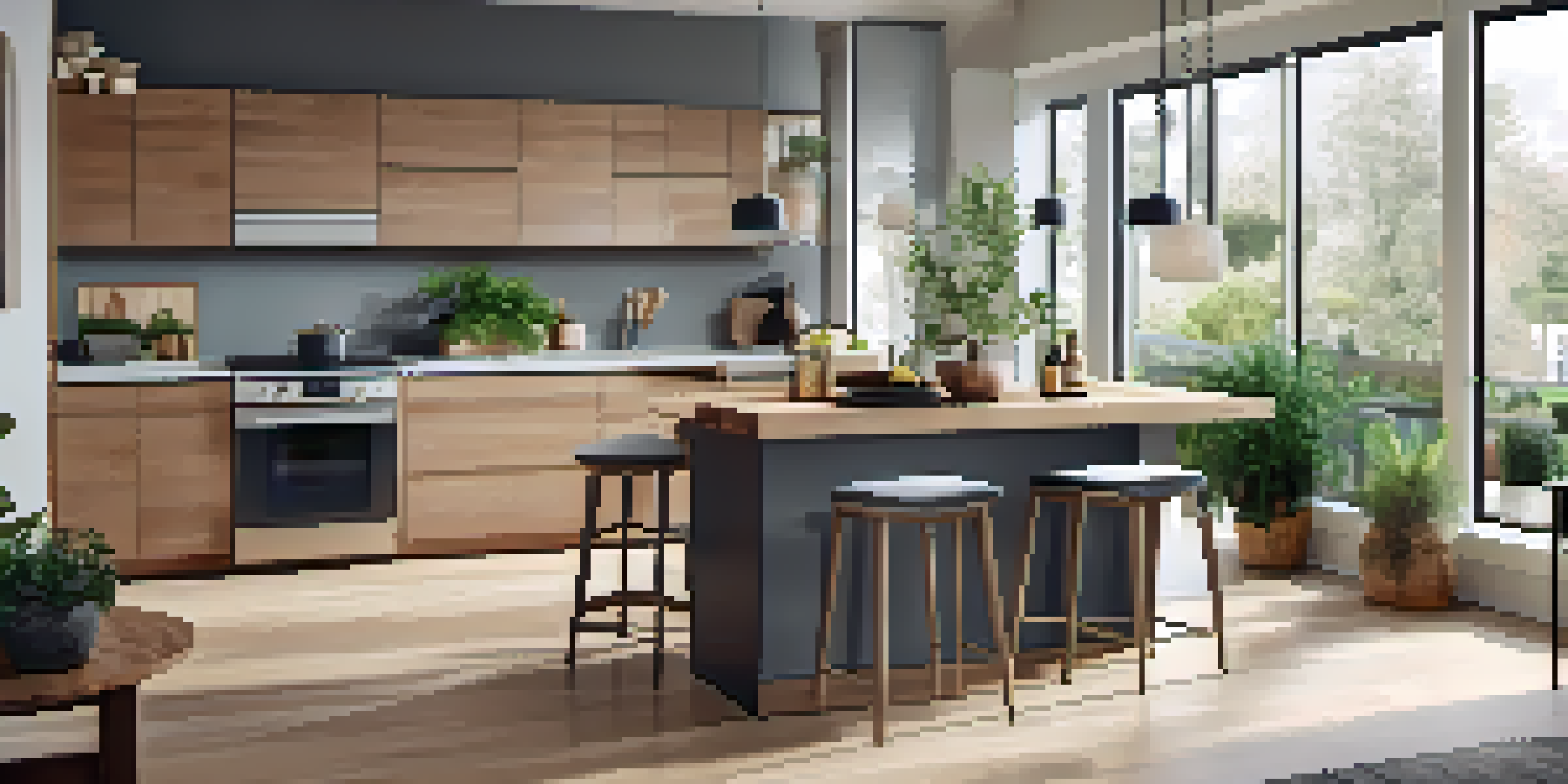 A modern kitchen with an open layout, featuring a central island, quartz countertops, and wooden cabinetry, illuminated by natural light.