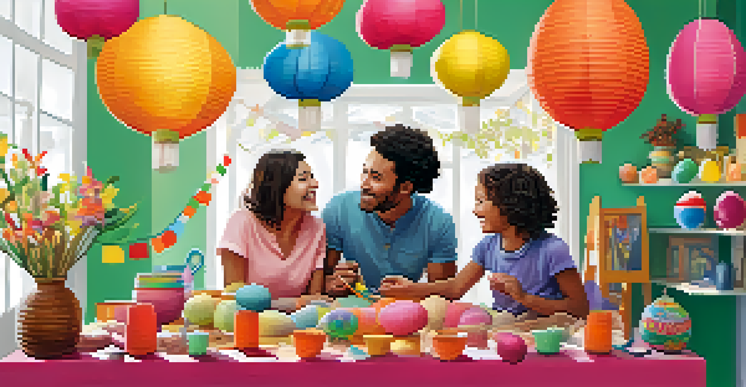 A family happily working on DIY decorations for a cultural festival, showcasing their creativity and collaboration.