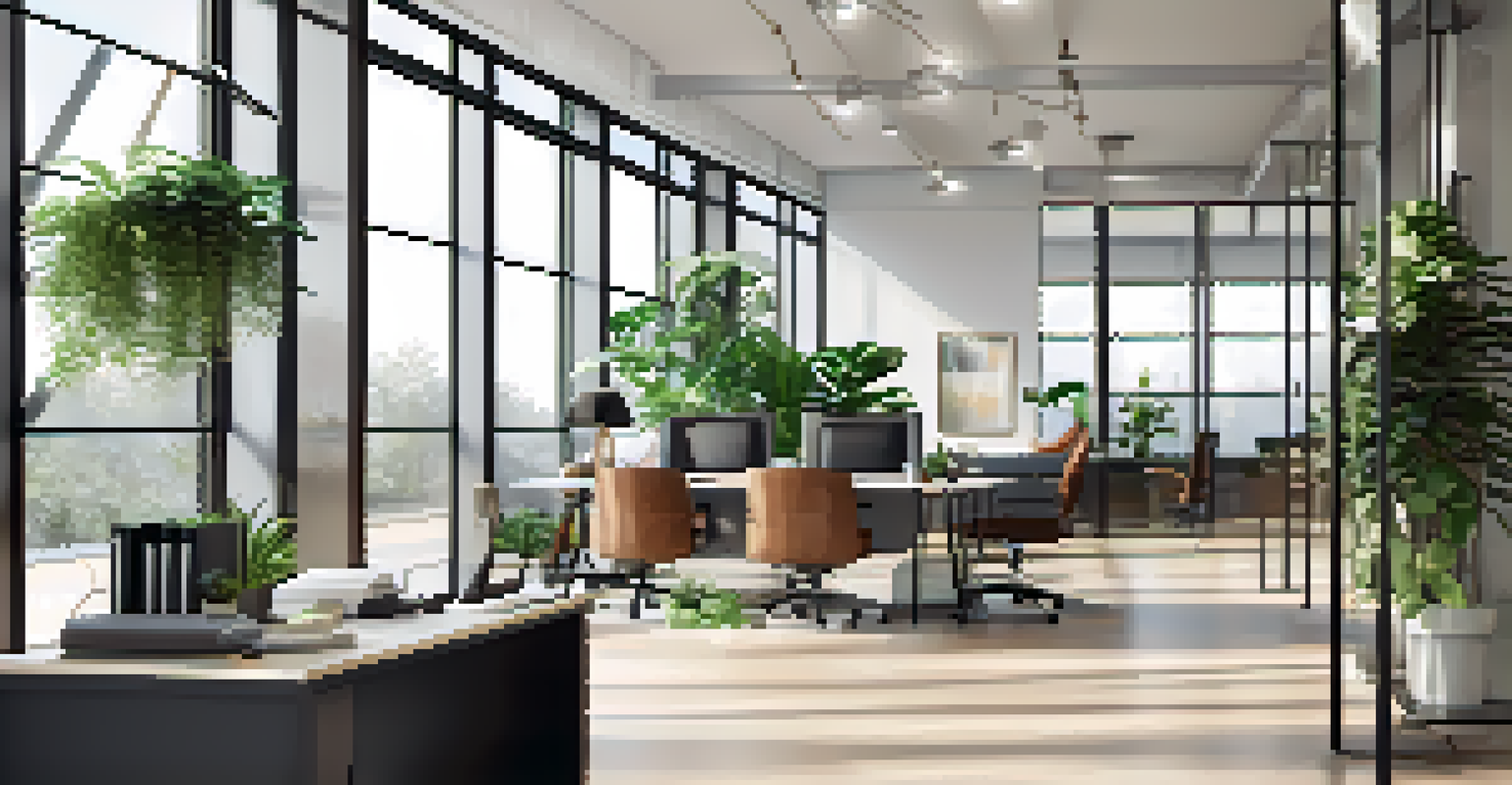 A stylish and modern office interior with large windows and plants, showcasing a bright and organized workspace.