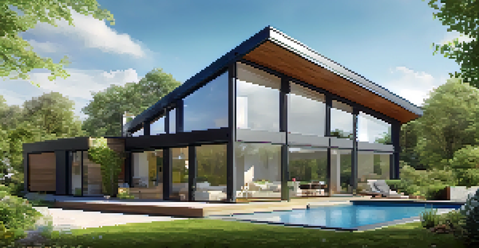 A contemporary Passive House surrounded by greenery, featuring large windows and solar panels, under a bright blue sky.