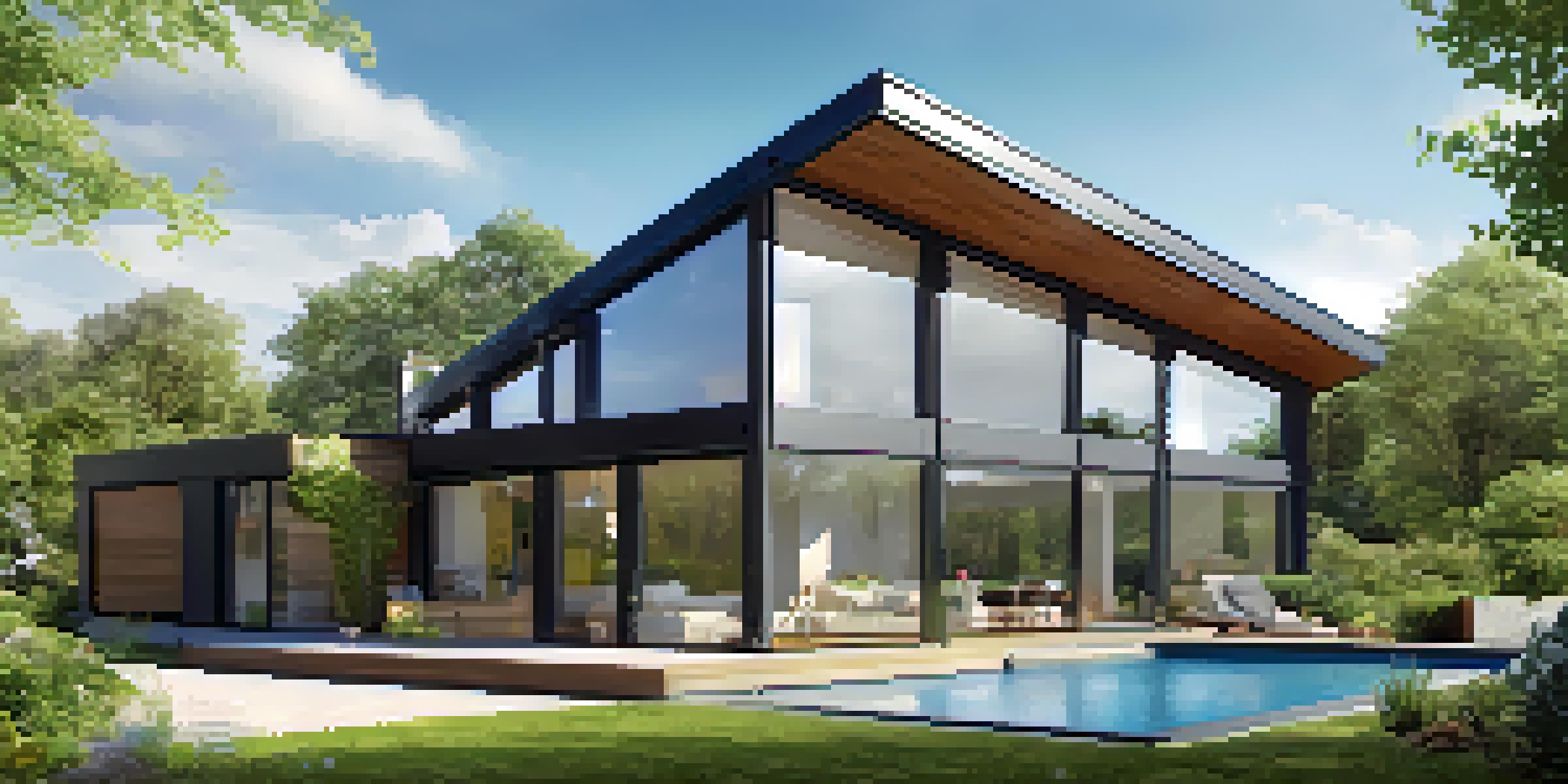 A contemporary Passive House surrounded by greenery, featuring large windows and solar panels, under a bright blue sky.