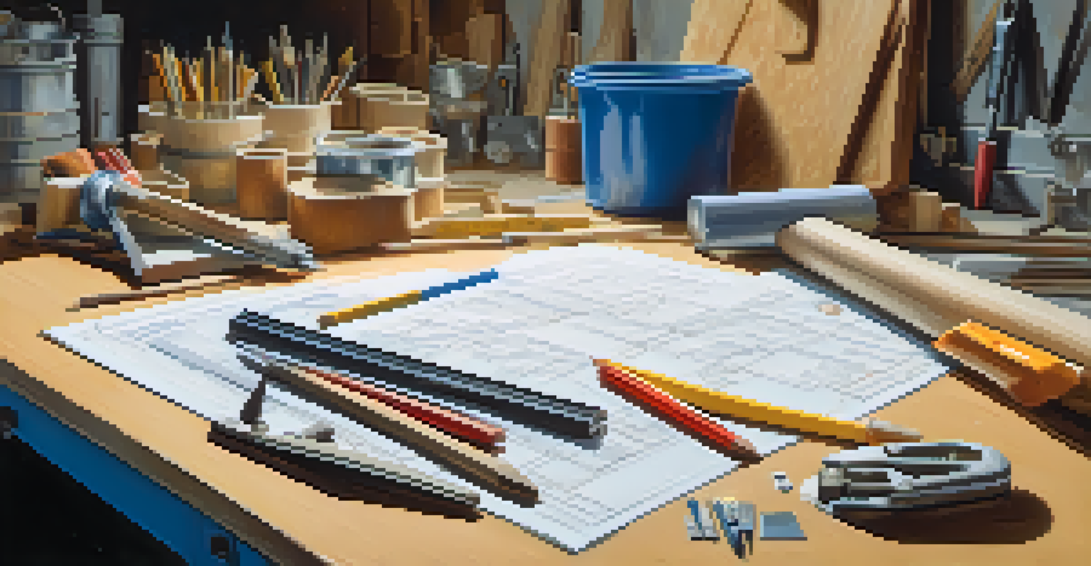 A close-up of a construction worker's hands holding blueprints and a pencil, with tools and materials on a workbench in the background.