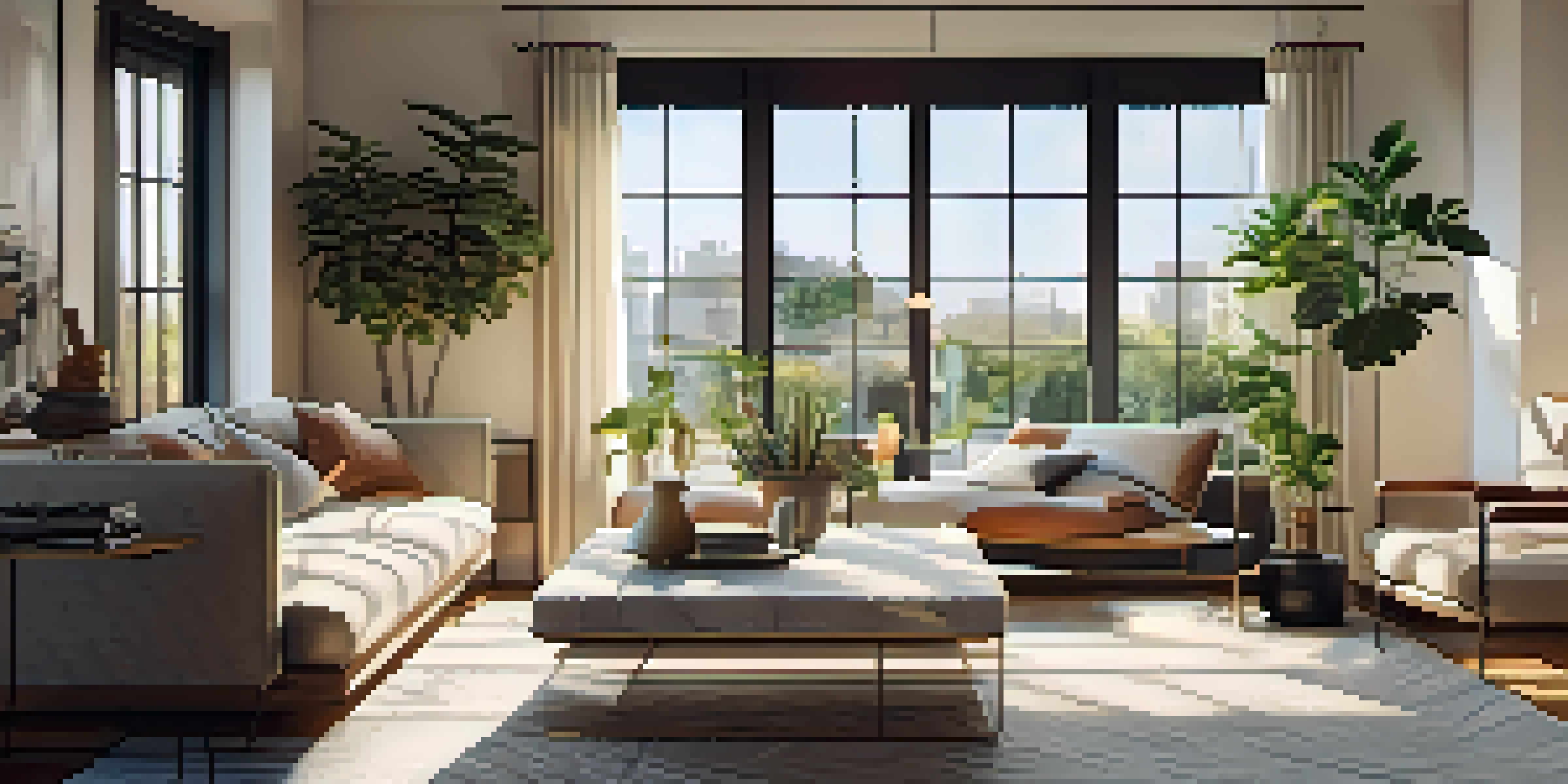 A bright living room filled with natural sunlight, showcasing a cozy sofa and stylish decor.