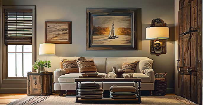 A warm and inviting living room with a reclaimed wood feature wall, vintage decor, and a rustic coffee table.