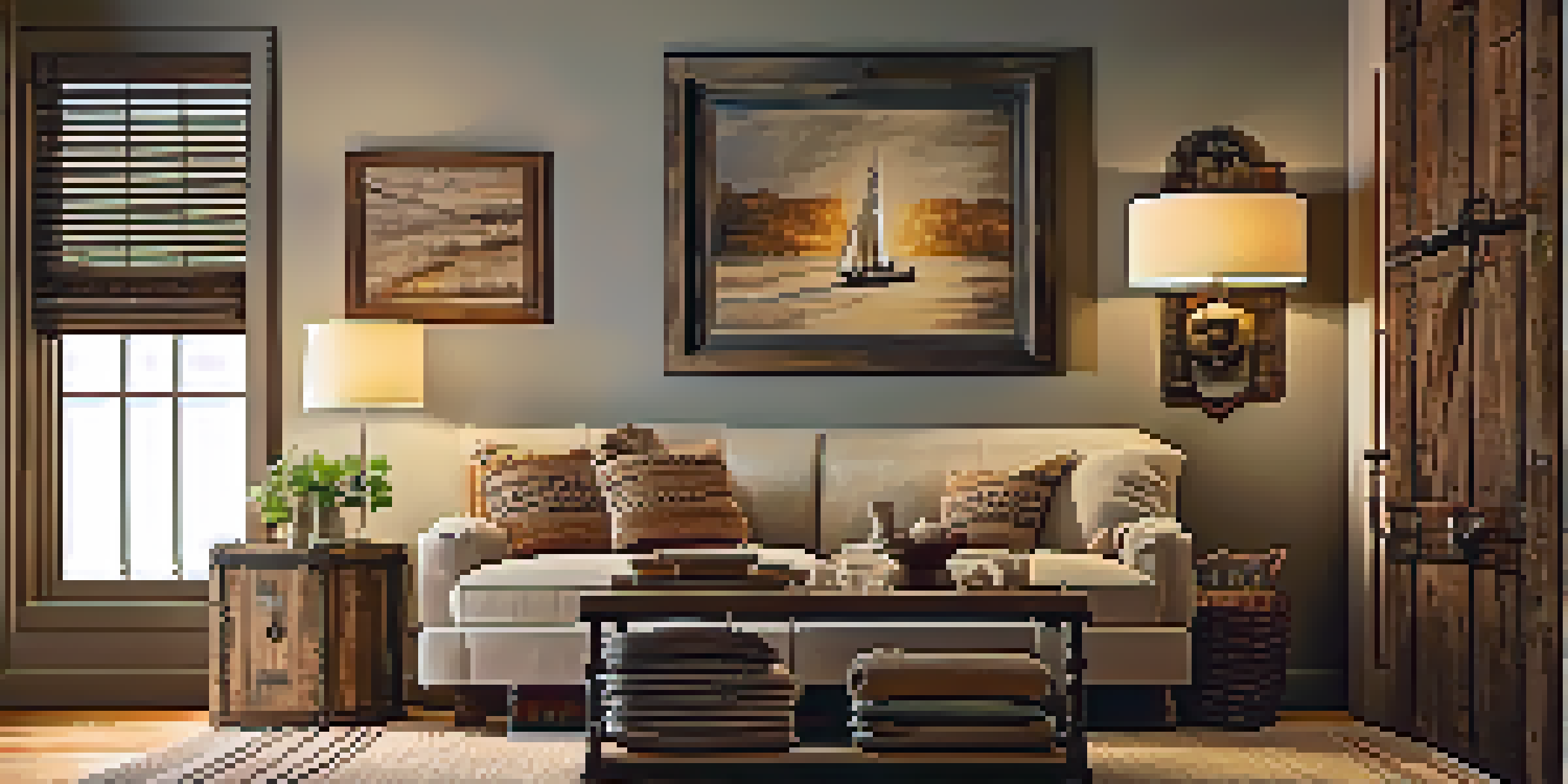 A warm and inviting living room with a reclaimed wood feature wall, vintage decor, and a rustic coffee table.
