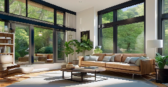 A modern living room with energy-efficient windows, filled with natural light, a cozy sofa, and a view of a green garden outside.