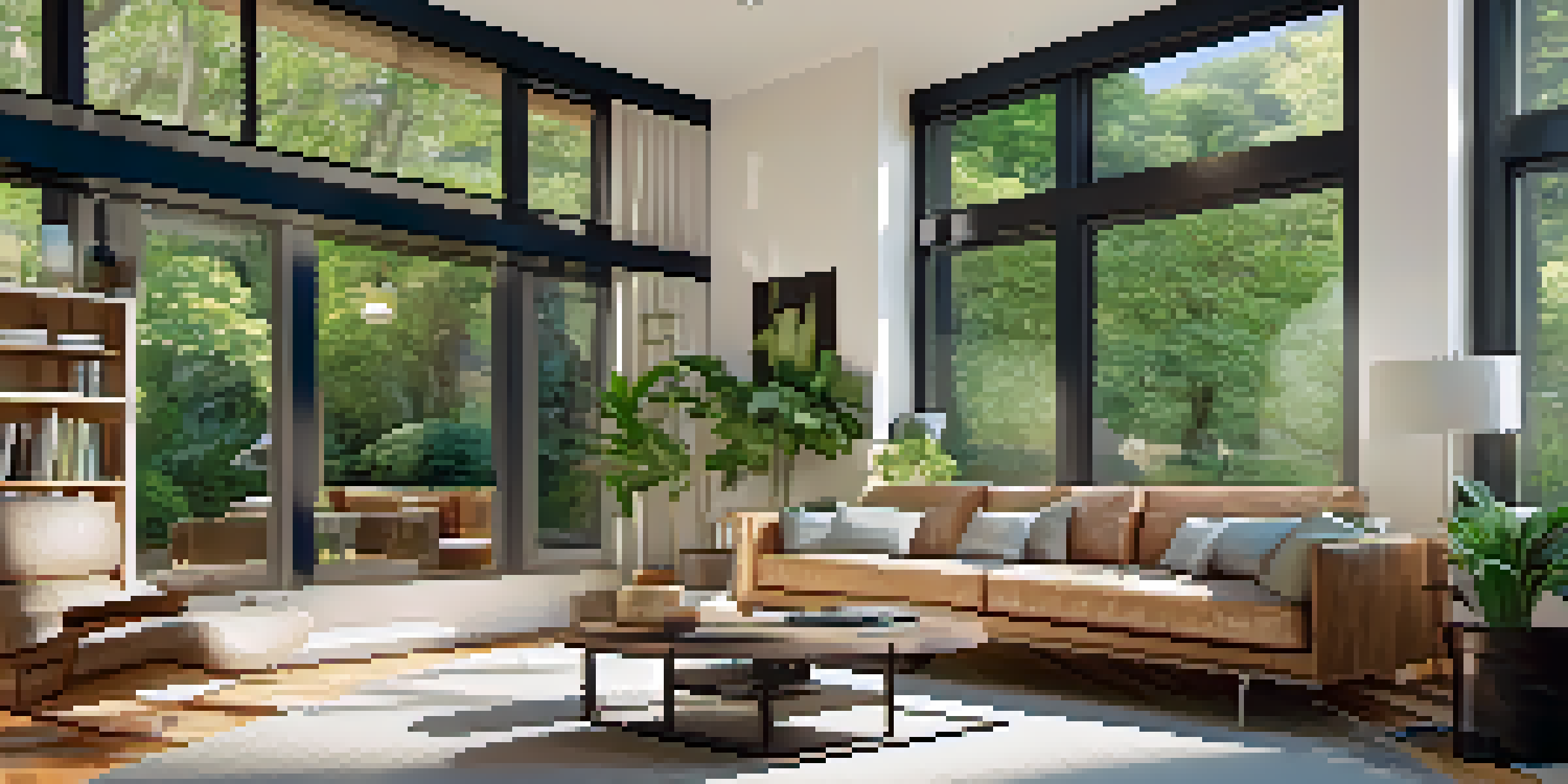 A modern living room with energy-efficient windows, filled with natural light, a cozy sofa, and a view of a green garden outside.