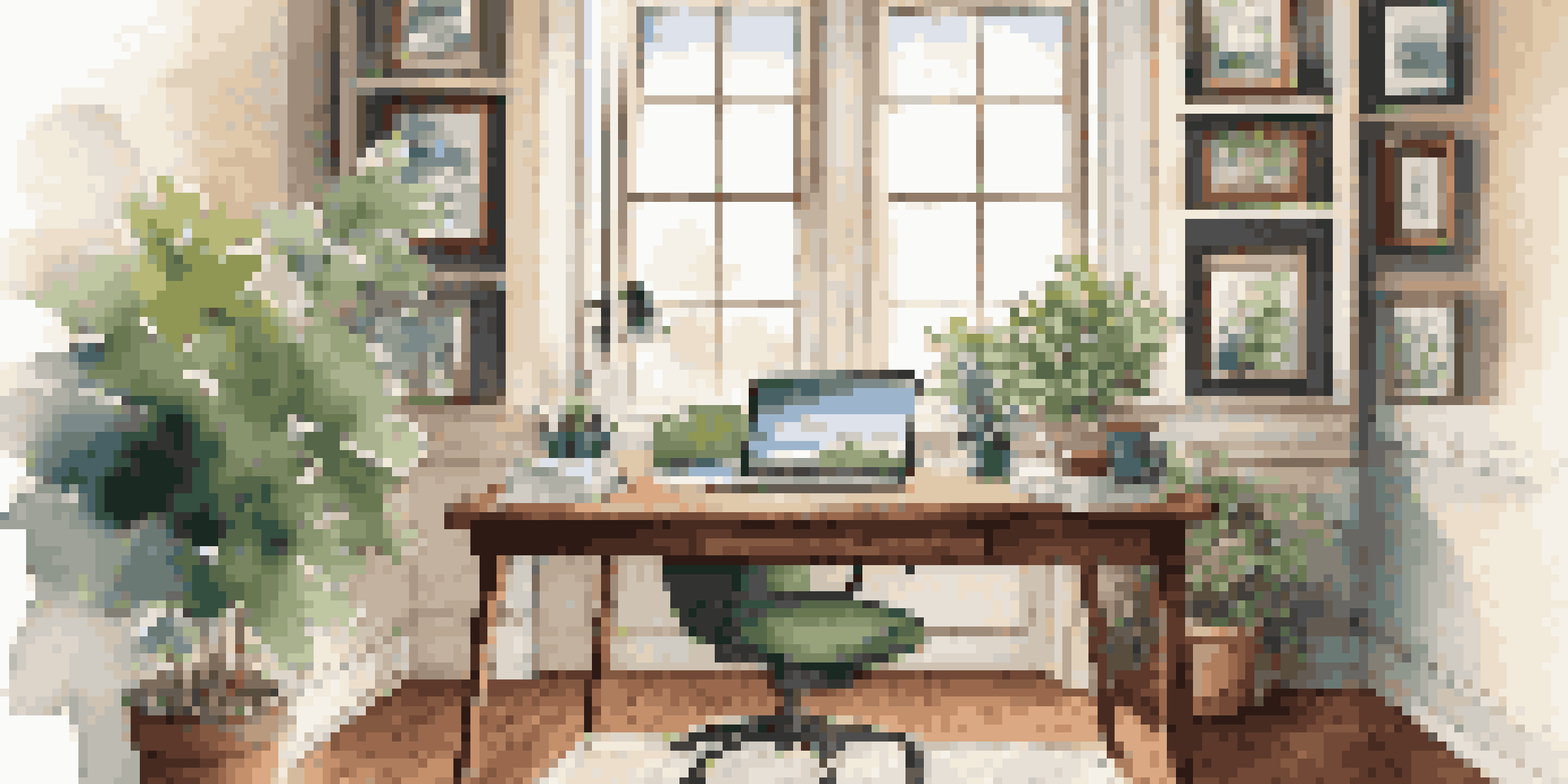 A cozy and organized home office with a wooden desk, a laptop, and a potted plant, illuminated by natural light.