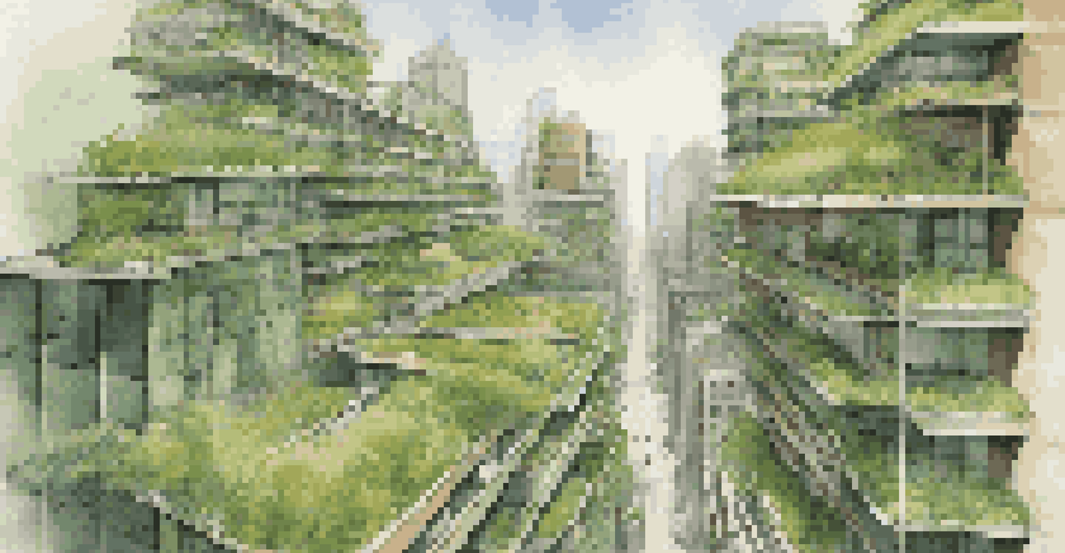 A cityscape with green roofs and shaded vegetation, contrasting green plants with warm urban structures.