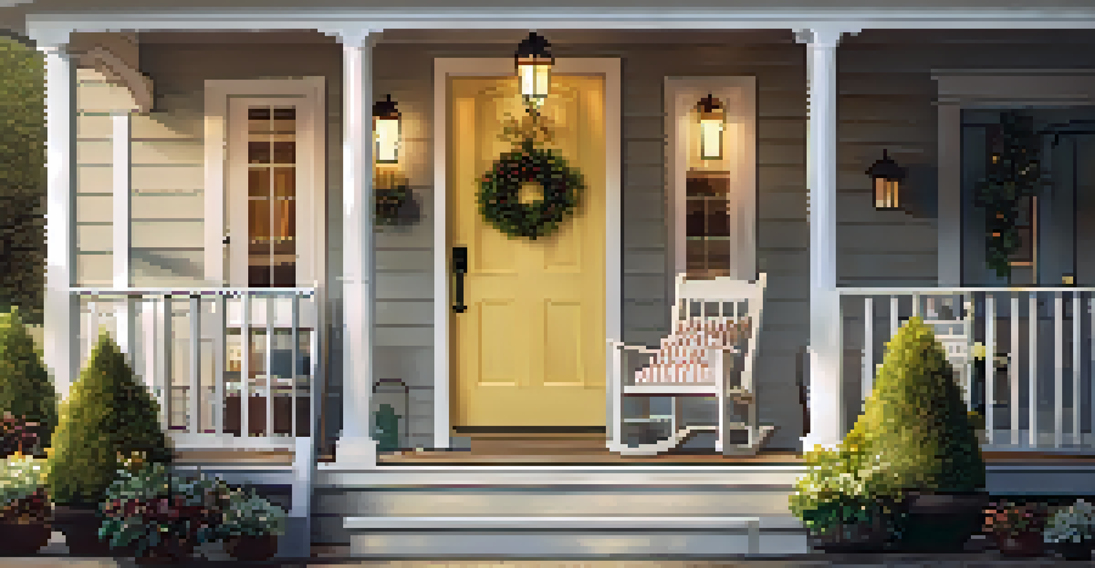 A pale yellow front door with a seasonal wreath, surrounded by lanterns and flowers, illuminated by warm evening light.