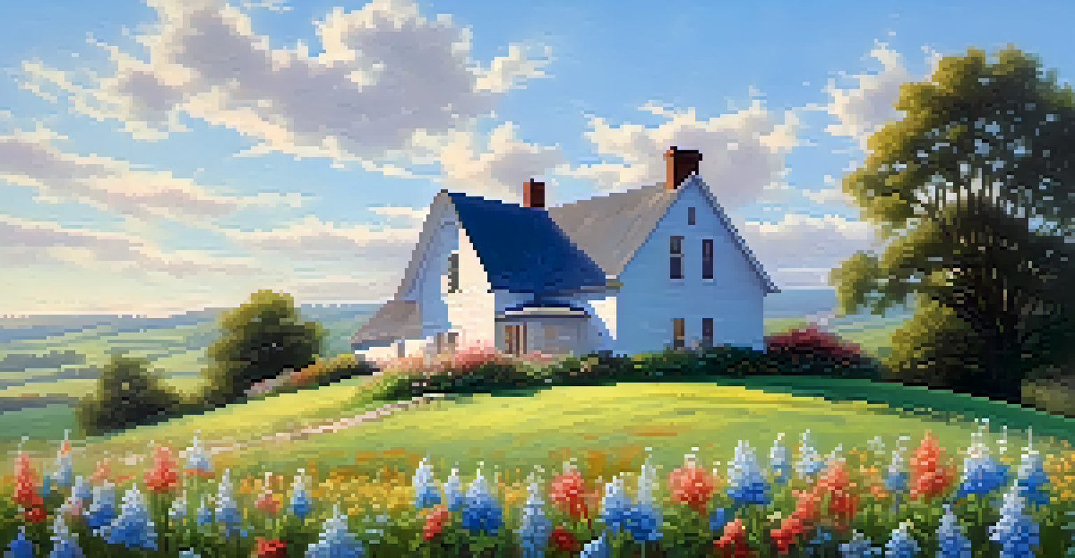 A peaceful countryside scene featuring a farmhouse surrounded by colorful wildflowers and rolling hills under a clear sky.