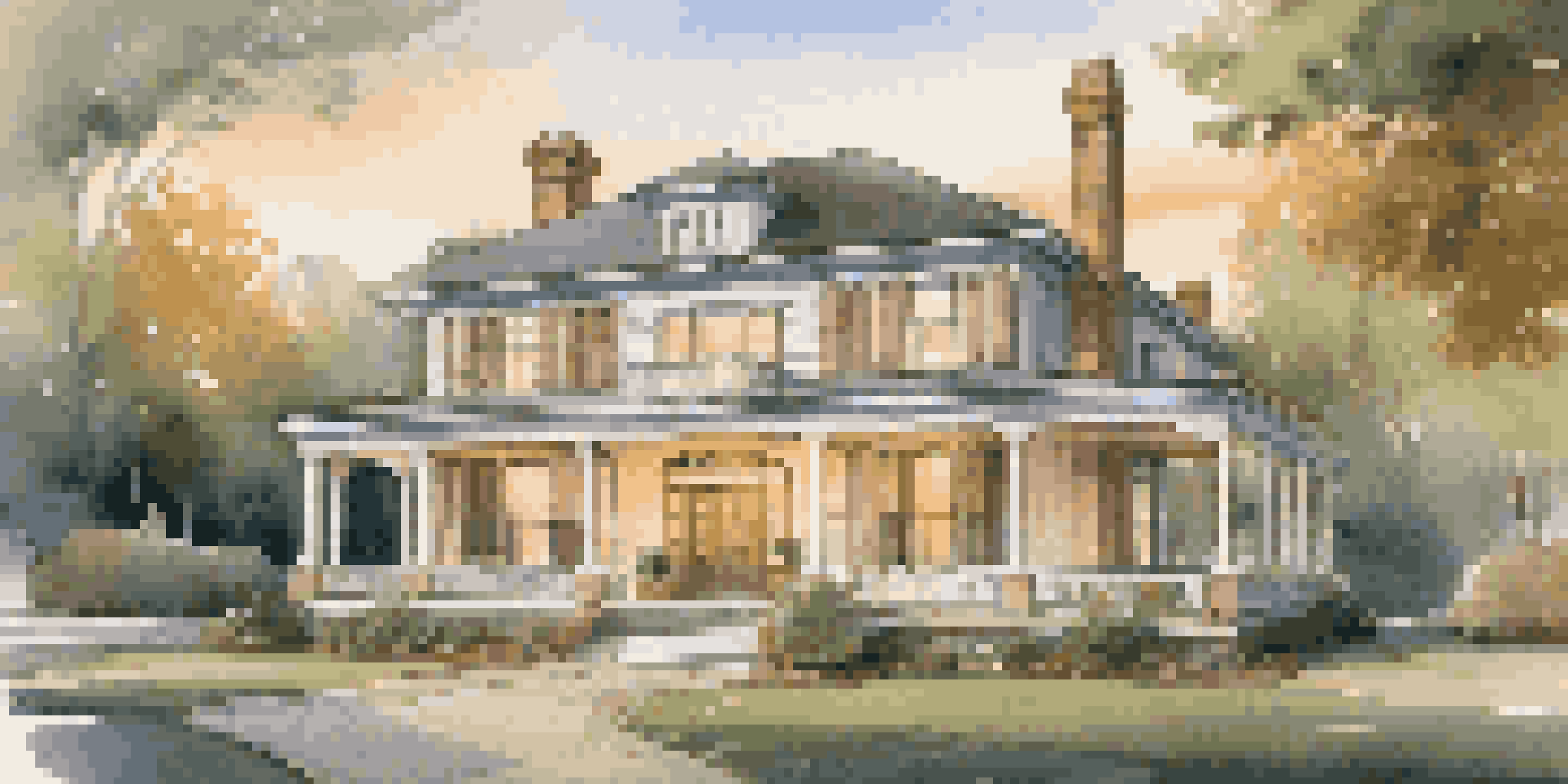 An exterior view of a restored historic home with a mix of traditional architecture and modern technology, illuminated by sunset.