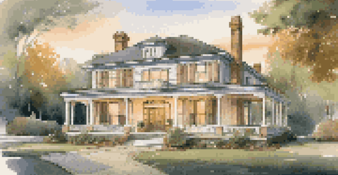 An exterior view of a restored historic home with a mix of traditional architecture and modern technology, illuminated by sunset.