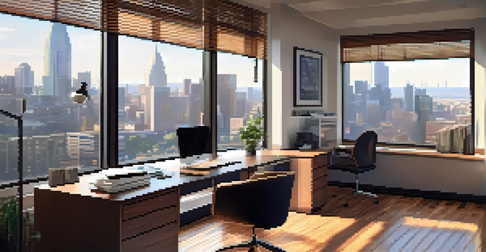 An interior view of a contemporary mortgage broker's office with a desk, computer, and city skyline visible through the window.