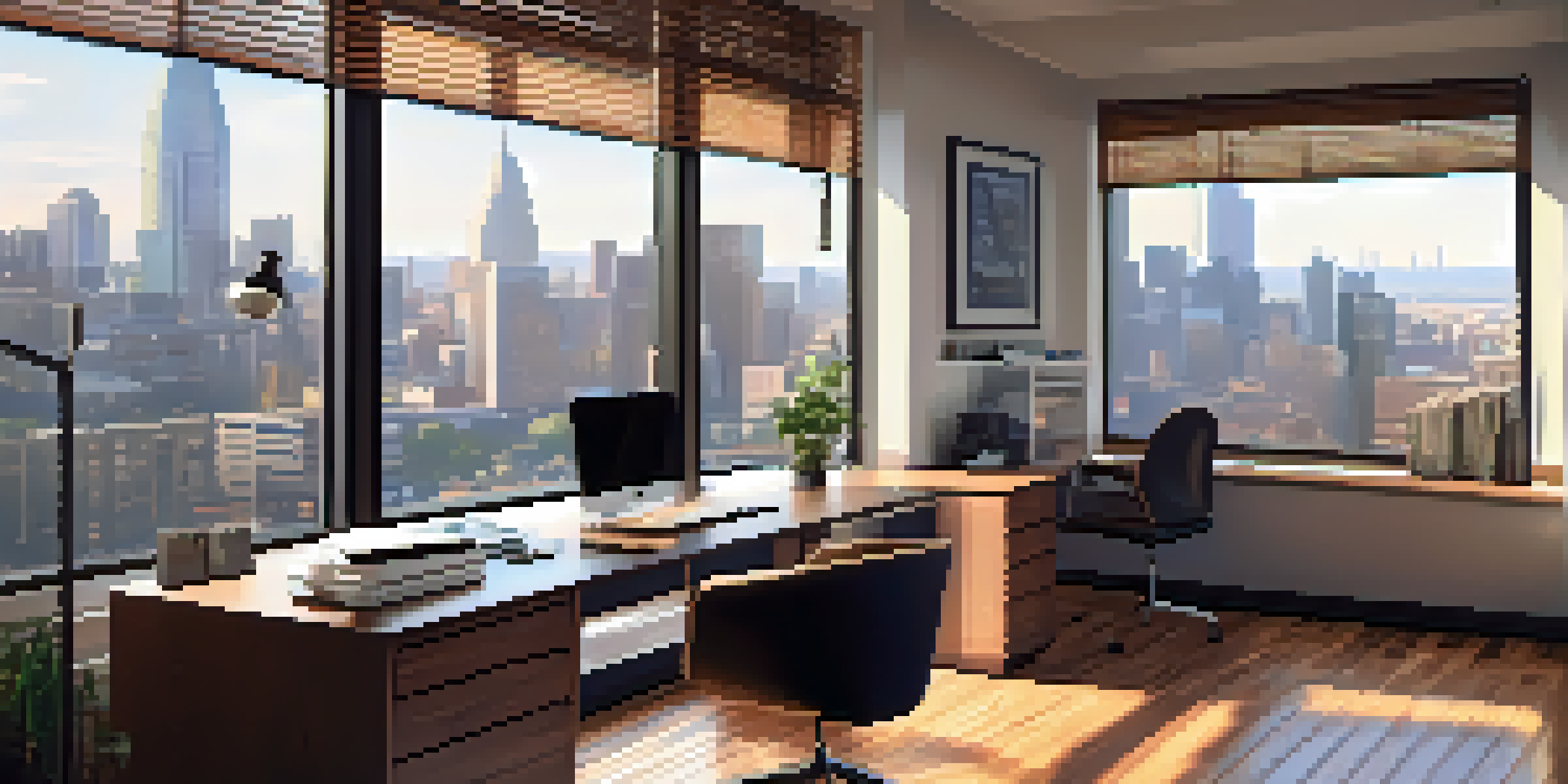 An interior view of a contemporary mortgage broker's office with a desk, computer, and city skyline visible through the window.