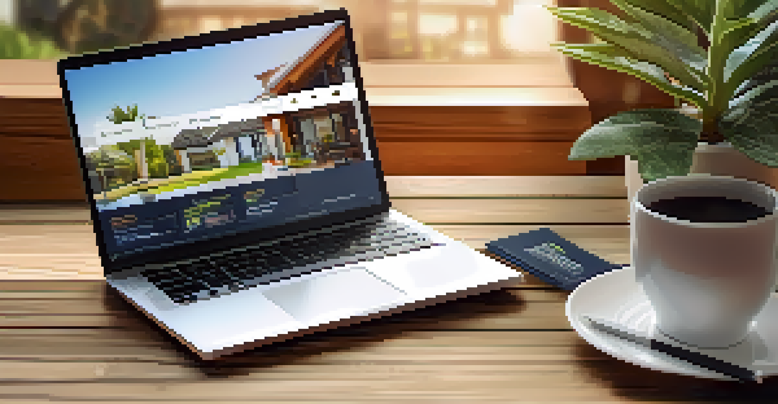 A cozy workspace featuring a laptop with a real estate website, surrounded by notepads, coffee, and a plant.