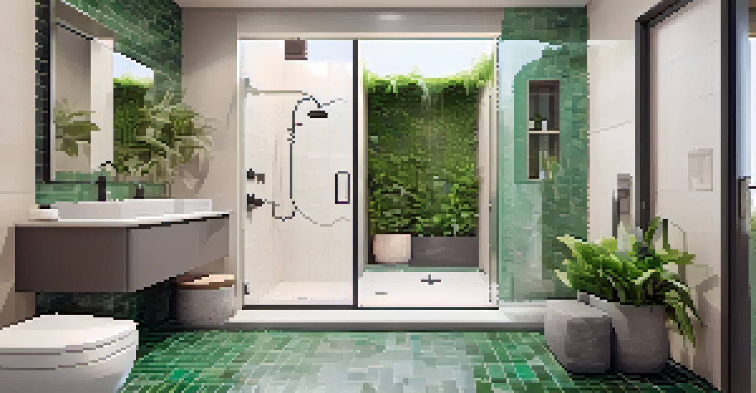 A modern bathroom with water-saving dual-flush toilet and smart shower system, bright with recycled tile flooring and green plants.