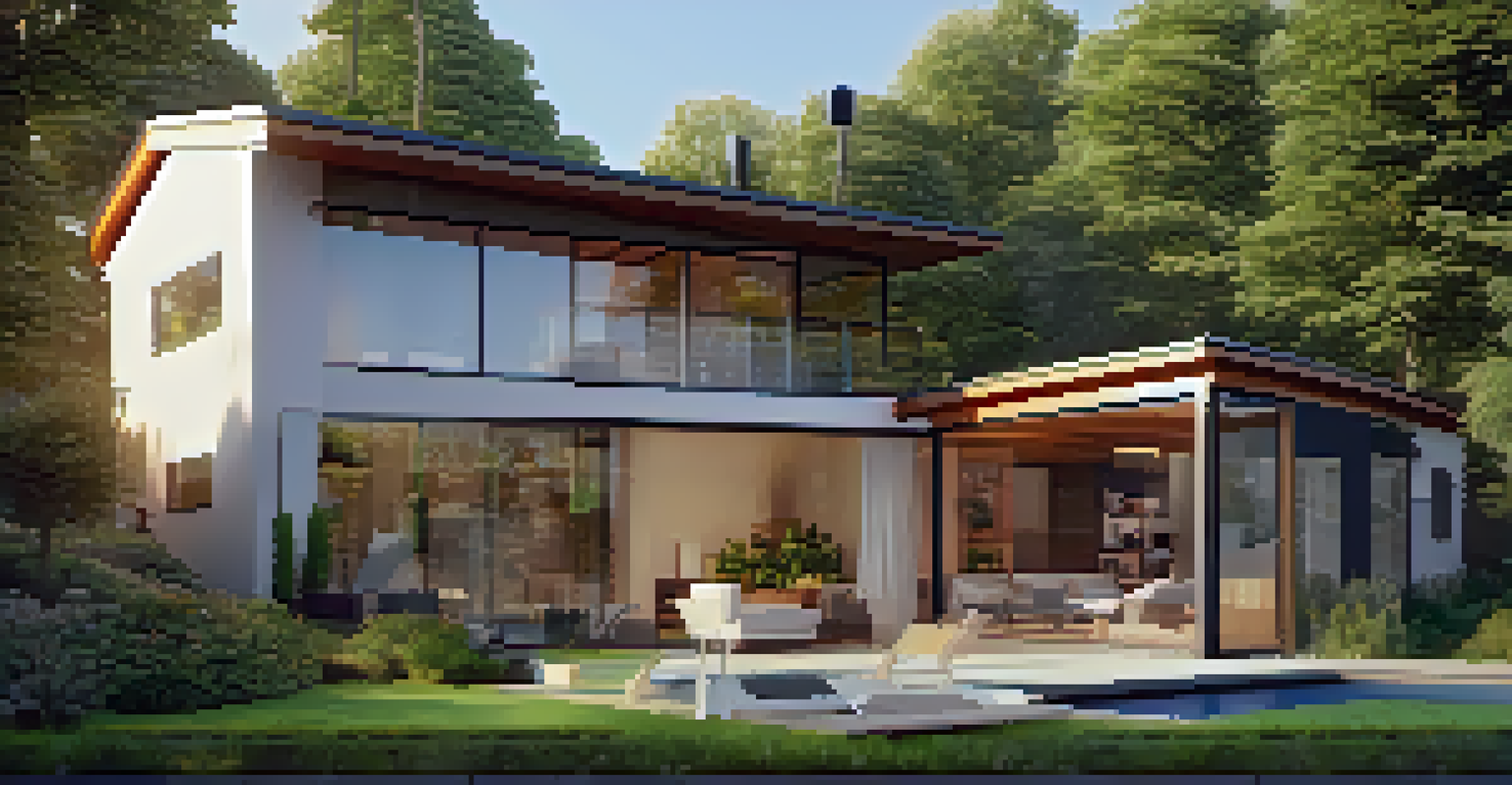 A house with solar panels and automated blinds, surrounded by greenery, representing renewable energy and home automation.