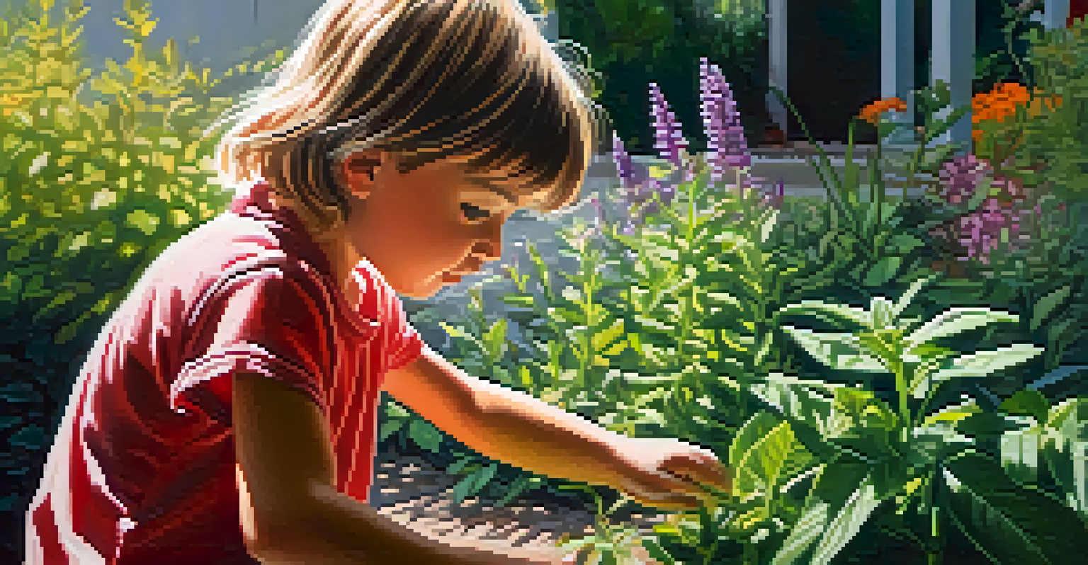 A child touching fragrant herbs in a vibrant garden, with sunlight filtering through the leaves.