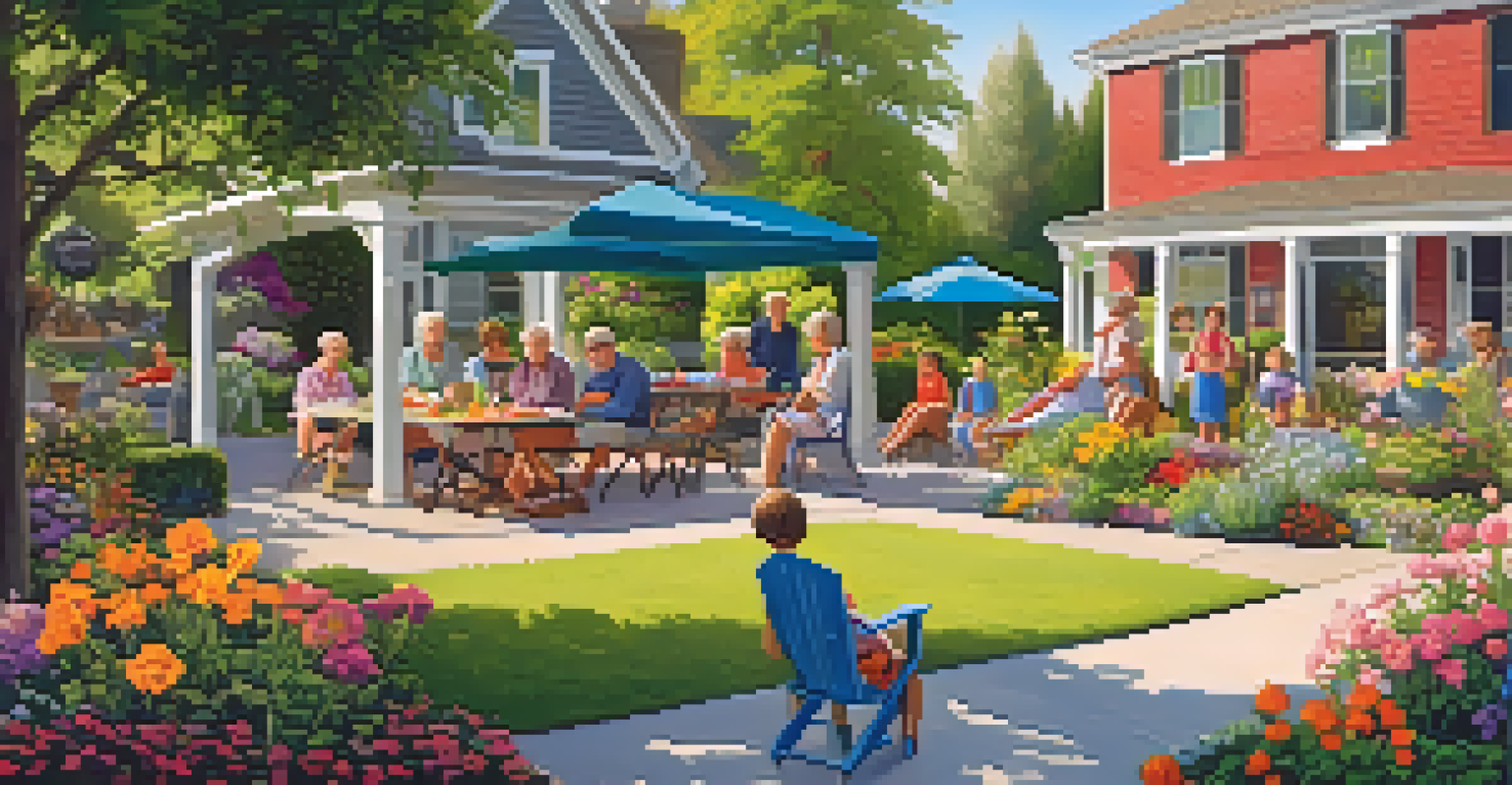 A family barbecue in a garden with grandparents gardening, parents grilling, and children playing on the grass.