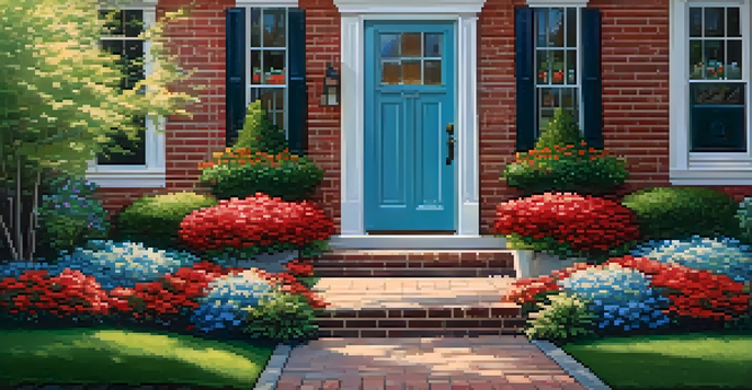 A charming brick house with a fresh pale blue paint job and vibrant red front door, surrounded by colorful flower beds and soft outdoor lighting.