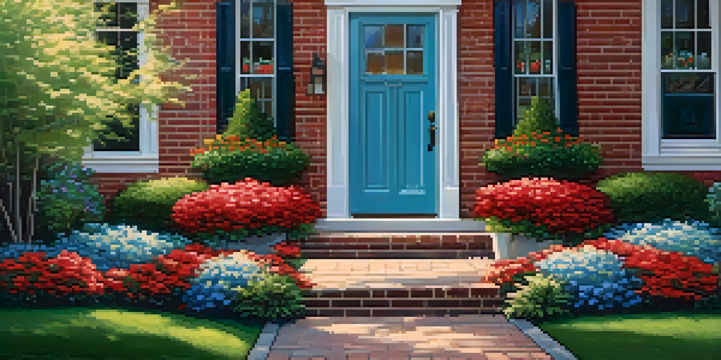 A charming brick house with a fresh pale blue paint job and vibrant red front door, surrounded by colorful flower beds and soft outdoor lighting.