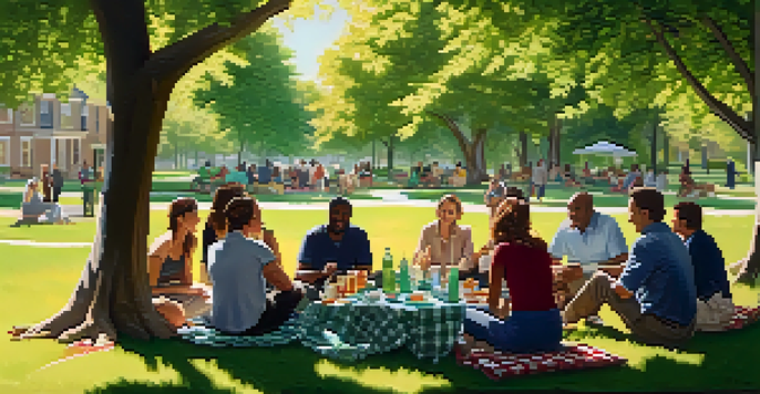 A diverse group of homeowners sitting in a circle on picnic blankets in a sunny park, discussing community issues, surrounded by trees and refreshments.
