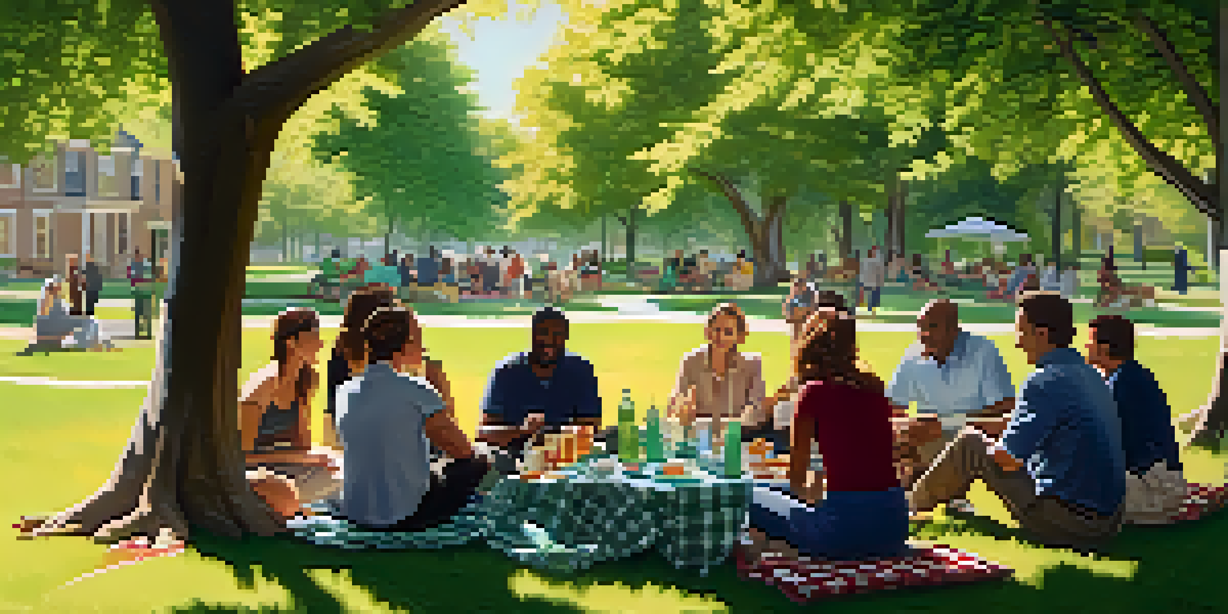 A diverse group of homeowners sitting in a circle on picnic blankets in a sunny park, discussing community issues, surrounded by trees and refreshments.