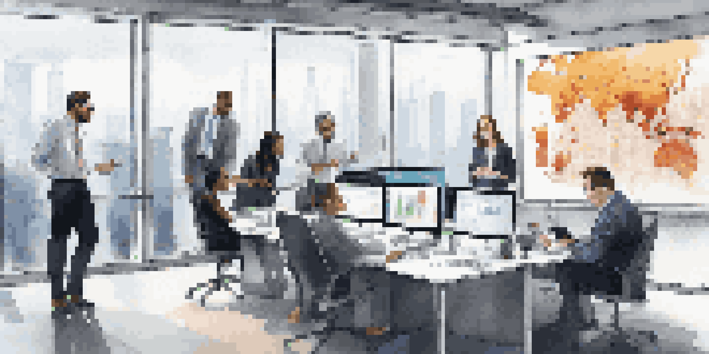 A diverse group of market analysts in a modern office, collaborating over data visualizations on digital screens.