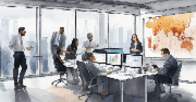 A diverse group of market analysts in a modern office, collaborating over data visualizations on digital screens.