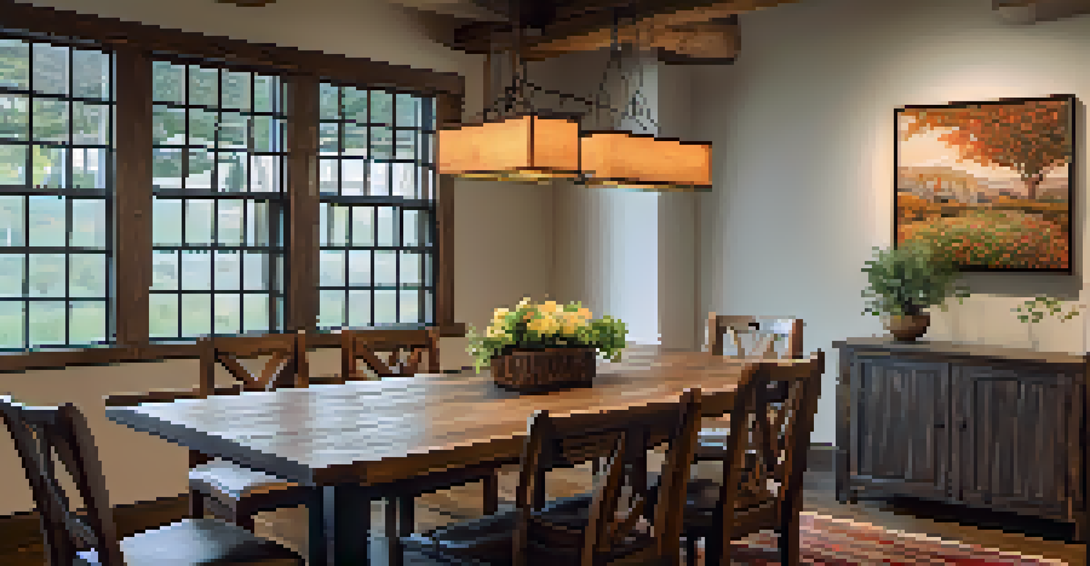 A rustic dining area with a wooden table, floral centerpiece, and local art on the walls, warmly lit.