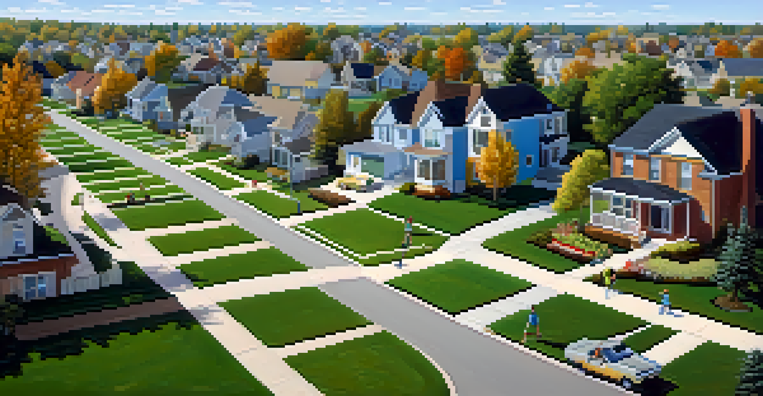 Aerial view of a suburban neighborhood with houses and children playing in the yards.