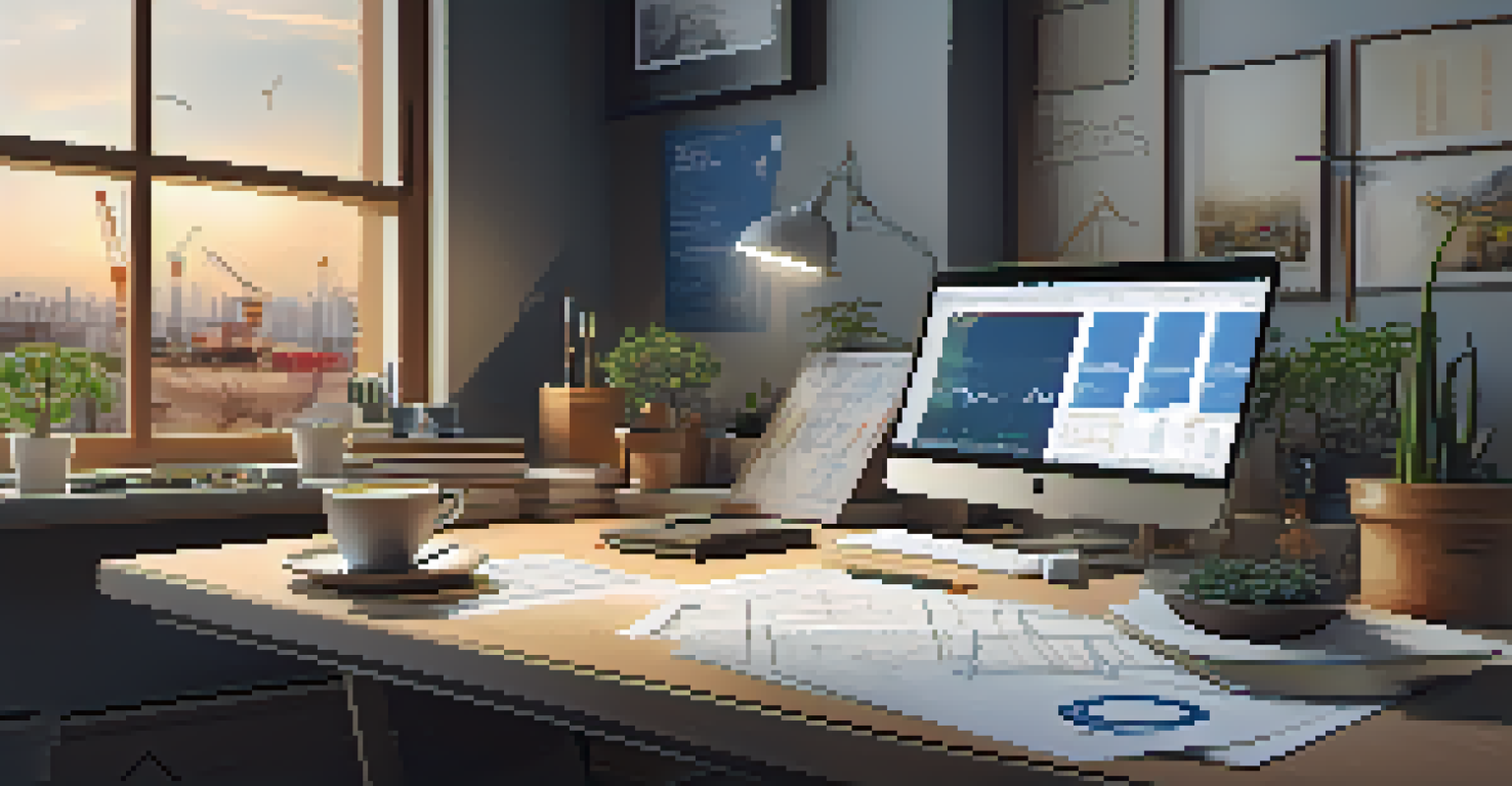 A workspace filled with architectural plans and construction materials, showing a blend of work and nature.