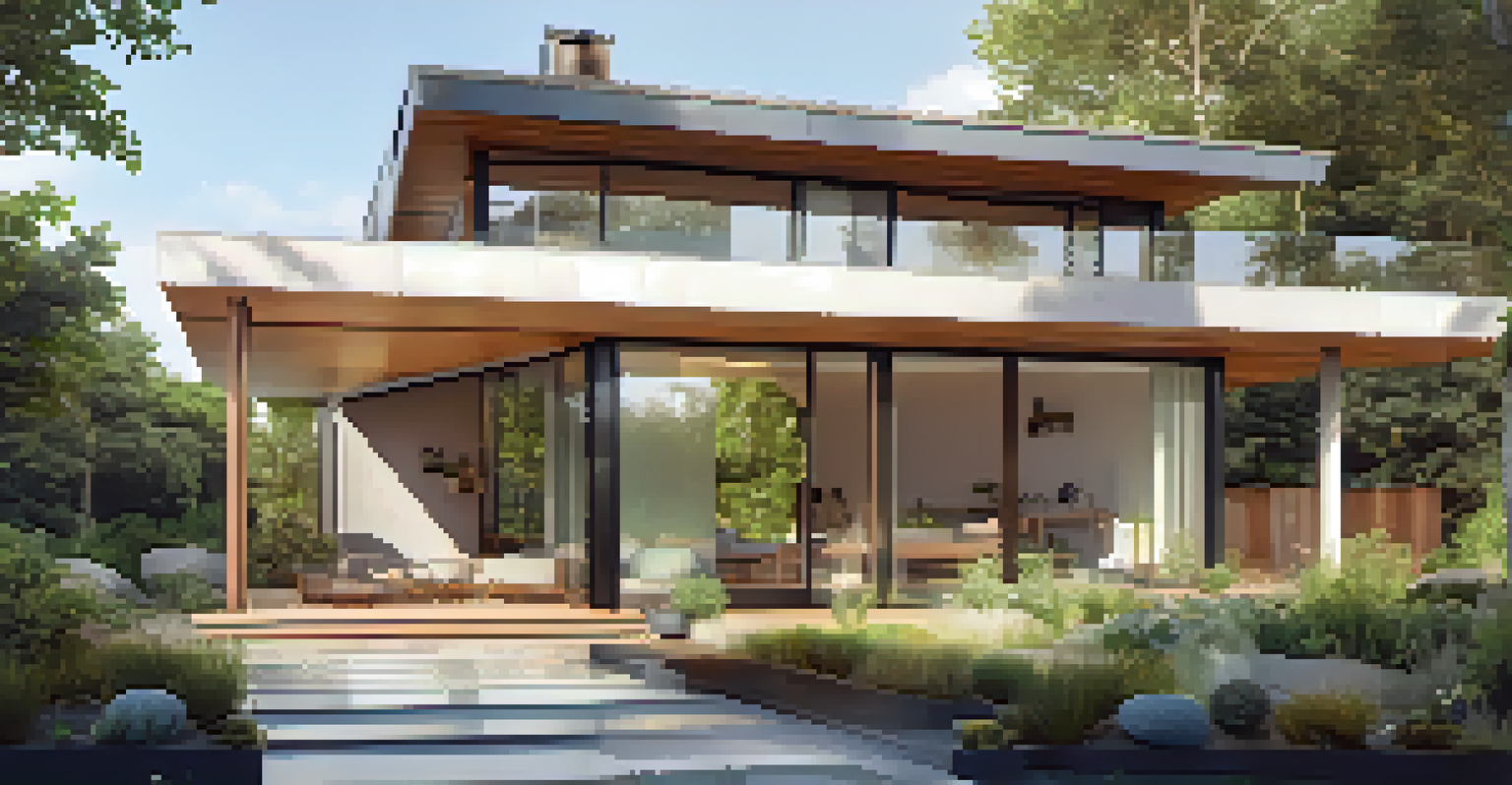 A modern house with a green roof and solar panels, surrounded by gardens and greenery, highlighting eco-friendly architecture.