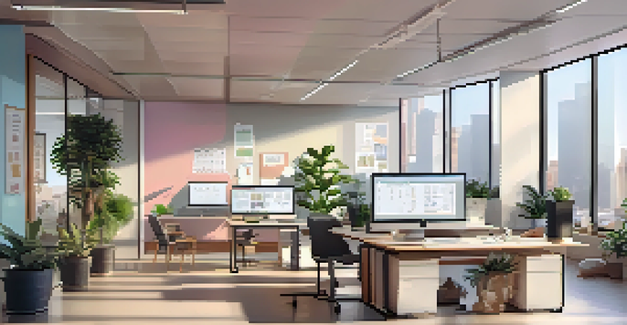 A bright modern office with a desk, plants, and a large window, featuring pastel-colored walls and a whiteboard with charts.