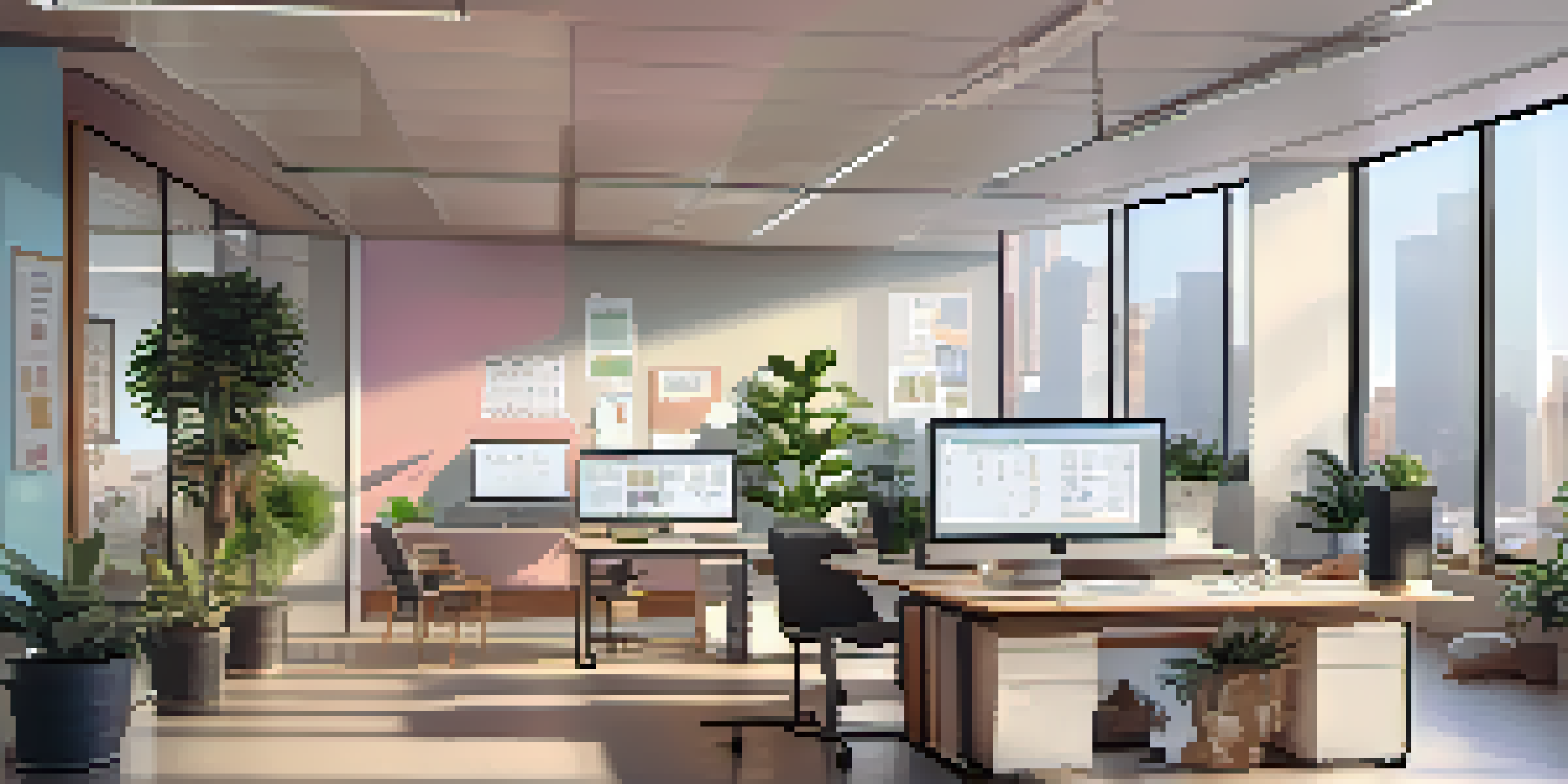 A bright modern office with a desk, plants, and a large window, featuring pastel-colored walls and a whiteboard with charts.