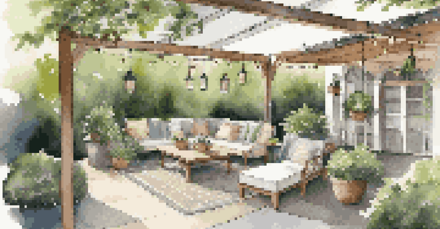A tranquil outdoor patio with comfortable seating, a dining table, and string lights surrounded by greenery.