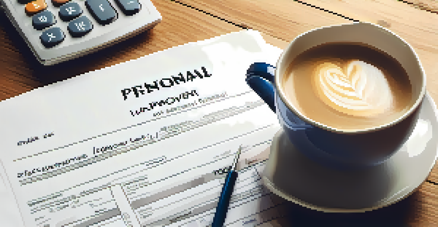 A financial document comparing personal and home improvement loan options on a wooden desk, with a calculator and coffee cup.