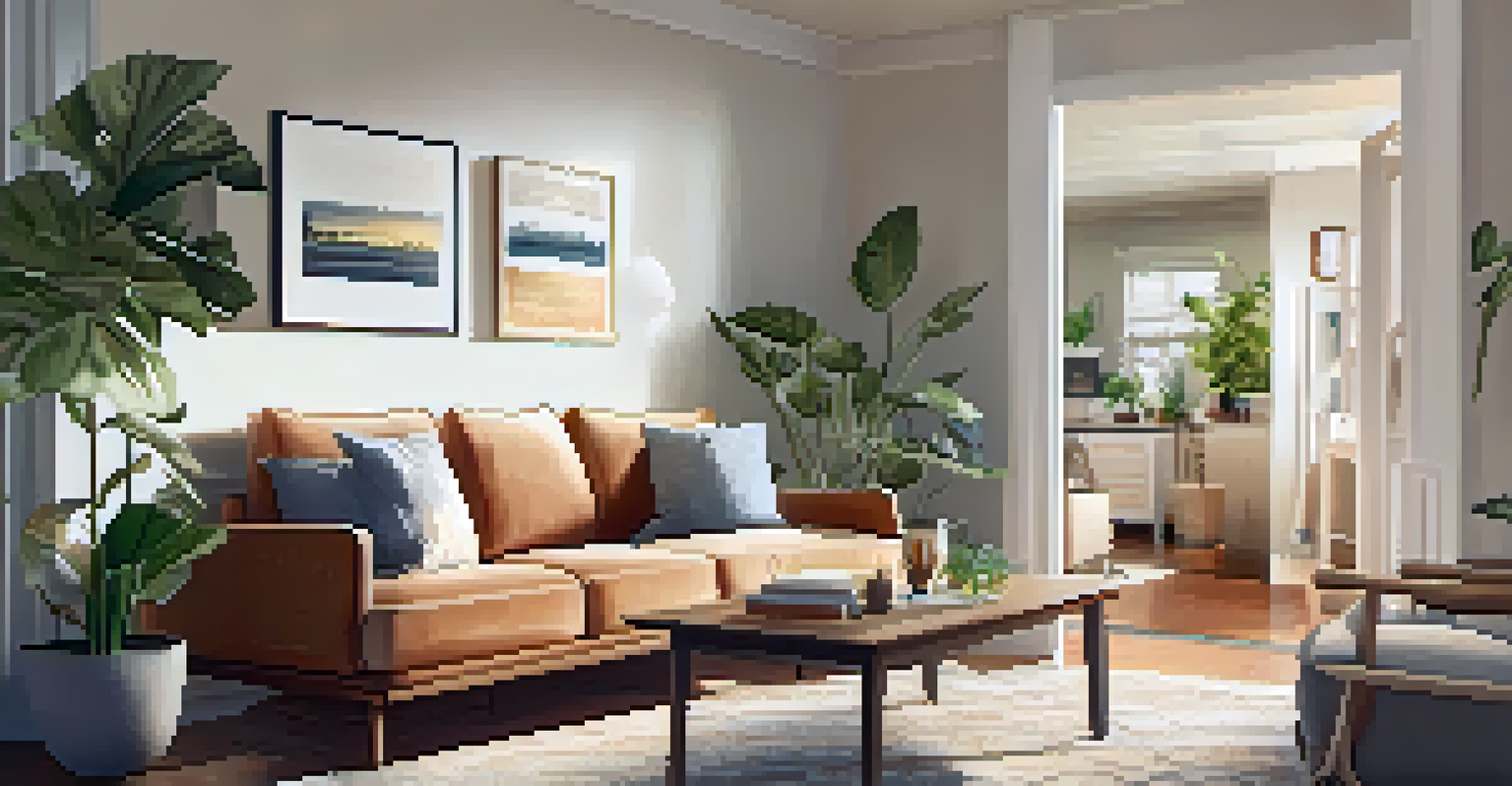 A cozy living room with comfortable furniture, where a couple discusses lease renewal with a property manager.