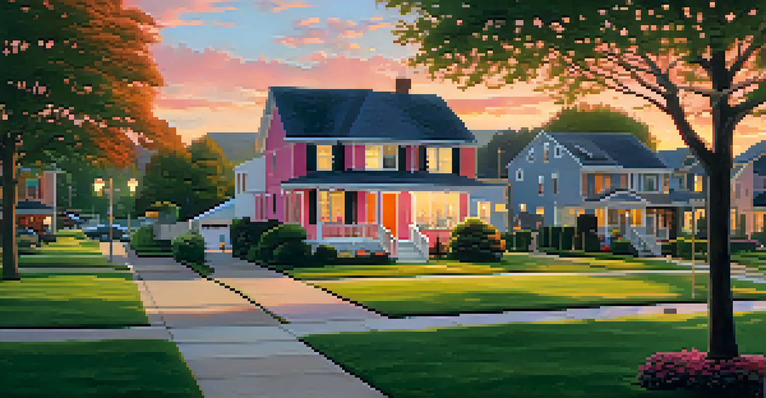 A serene suburban neighborhood at sunset with colorful skies and families enjoying the evening.