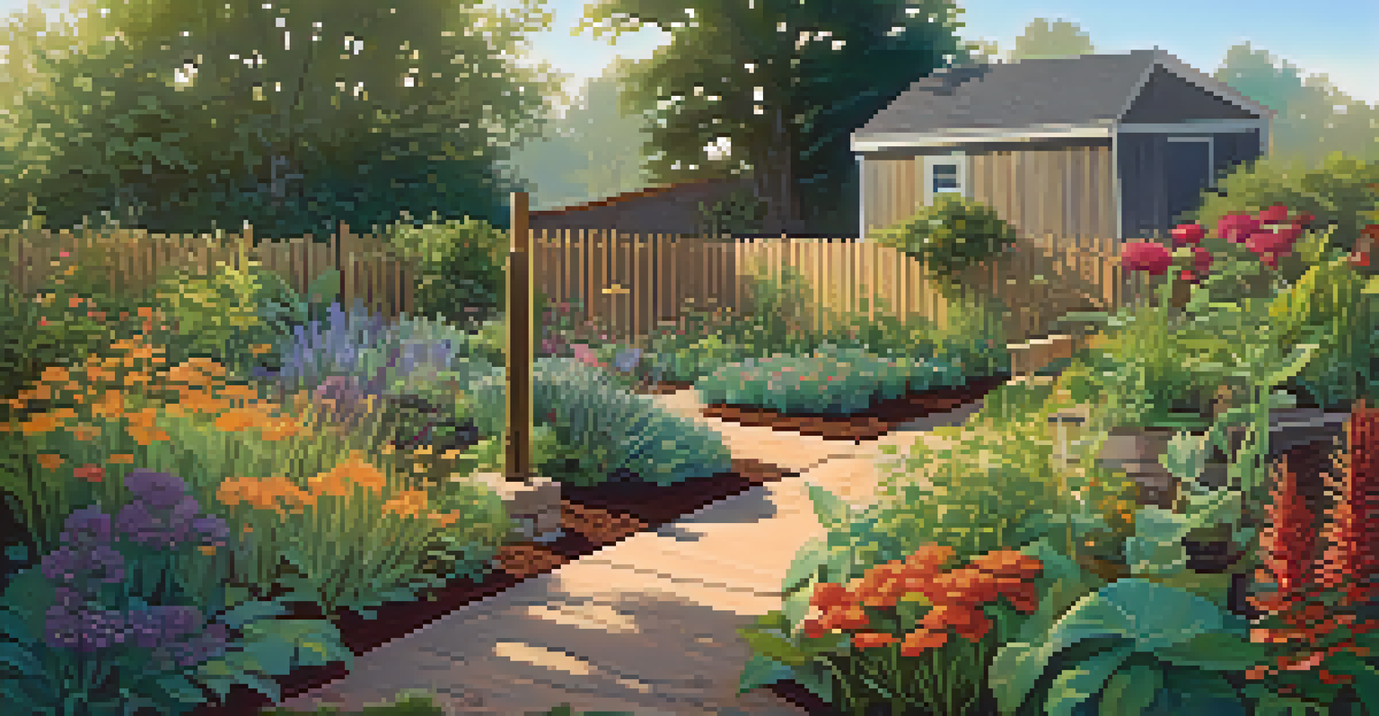 A vibrant garden with diverse native plants, butterflies, and a compost bin, illuminated by the morning light, showcasing the beauty of sustainable gardening.