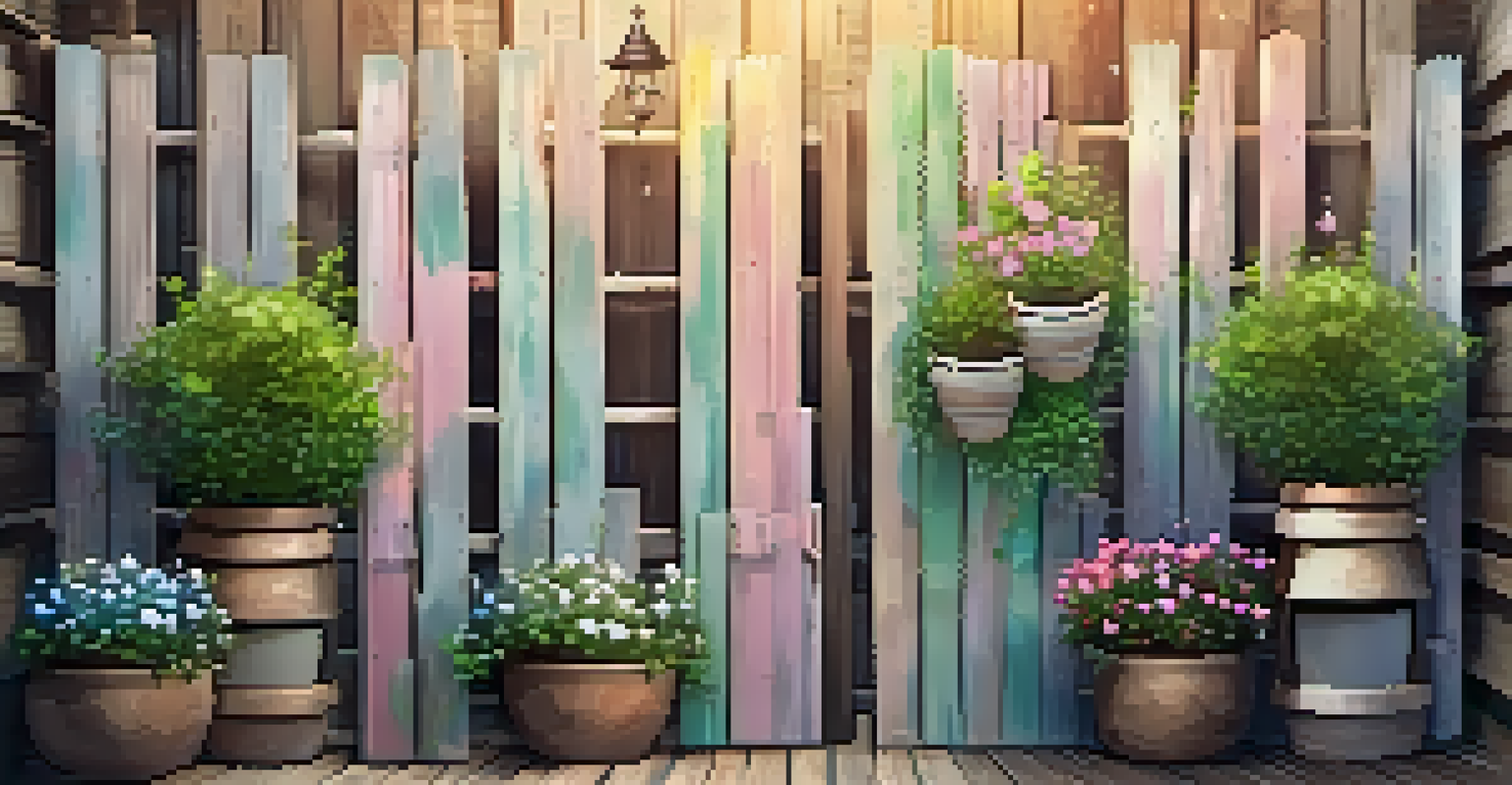 A creative privacy fence made from painted wooden pallets, adorned with climbing plants and decorative lanterns, creating a charming garden area illuminated by warm light.