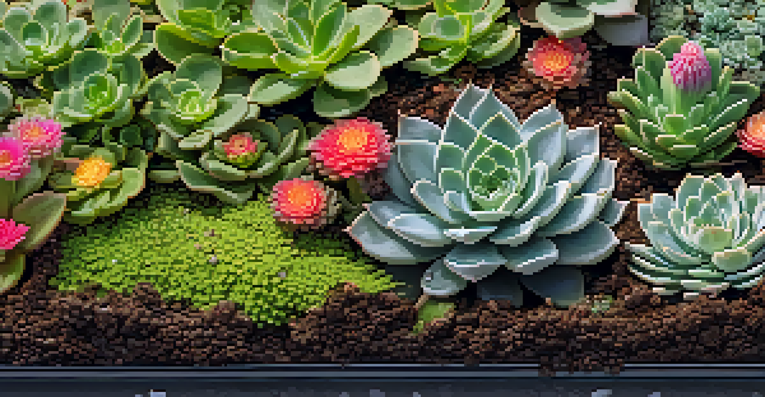 A detailed close-up of a green roof with various flowering plants and succulents, adorned with water droplets and an insect.