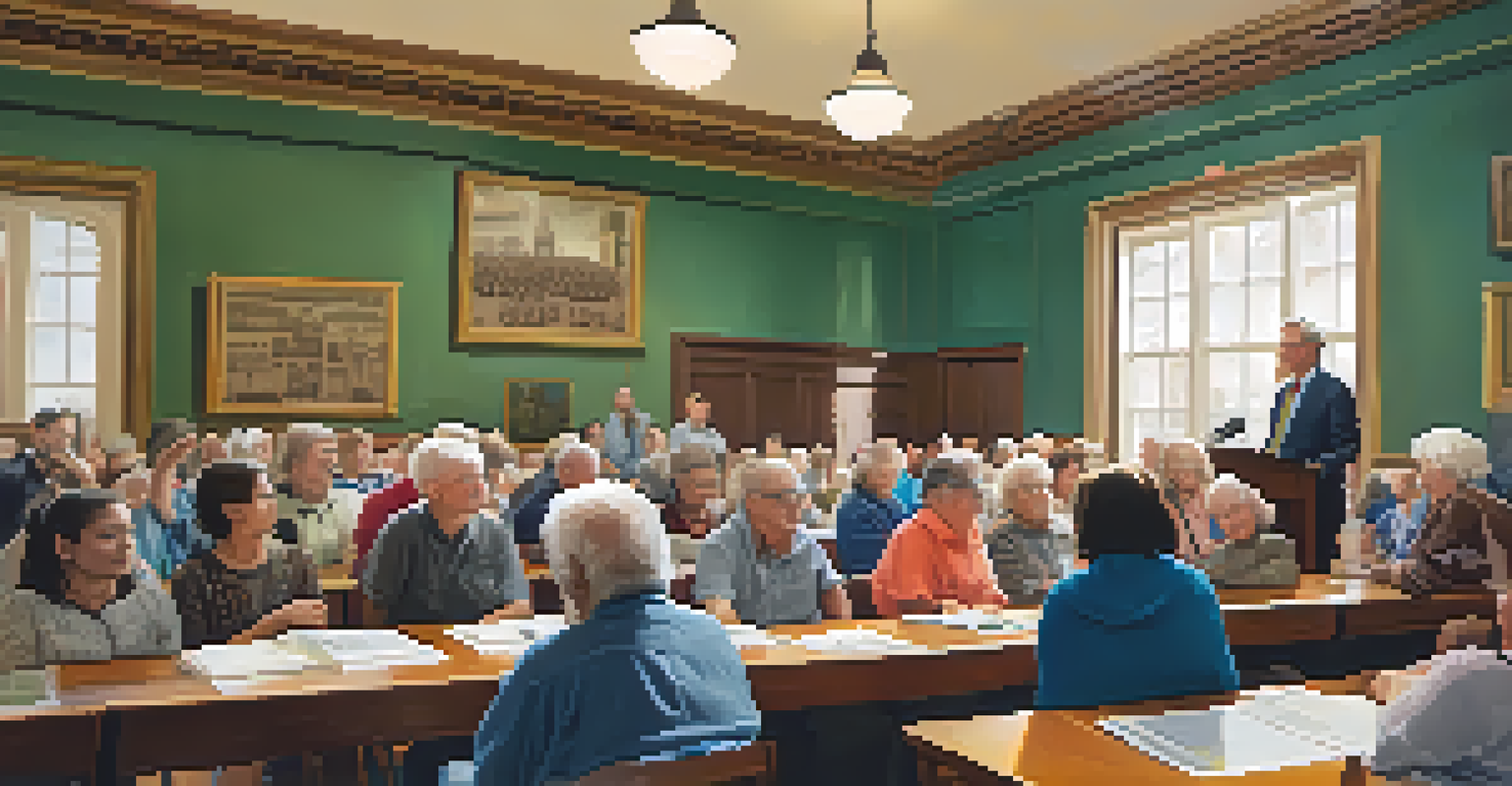 A community meeting in a town hall discussing zoning laws, with residents of diverse backgrounds and historic photographs on the walls.