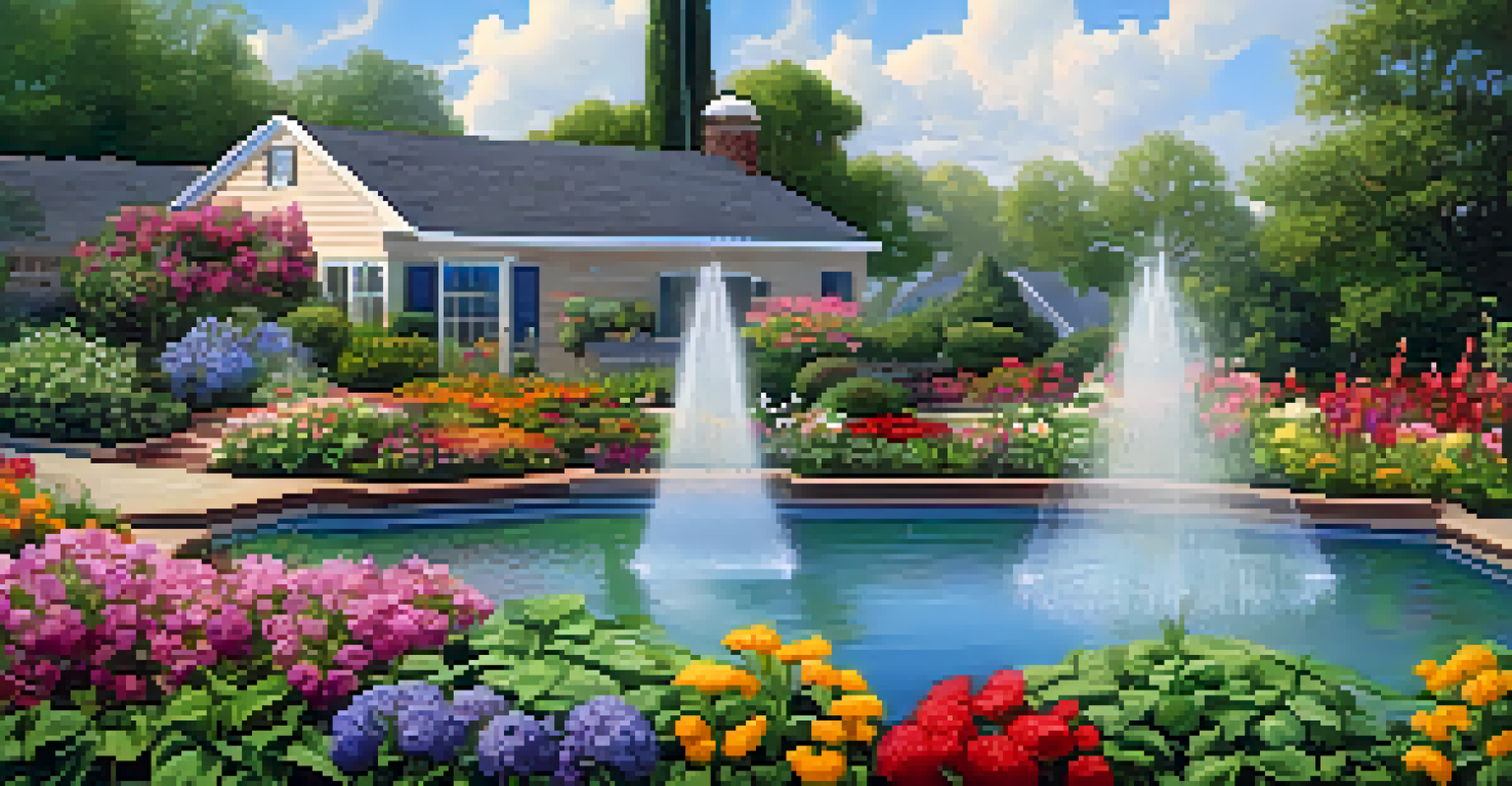 A vibrant garden with a smart irrigation system sprinkling water on flowers and plants under a clear sky.